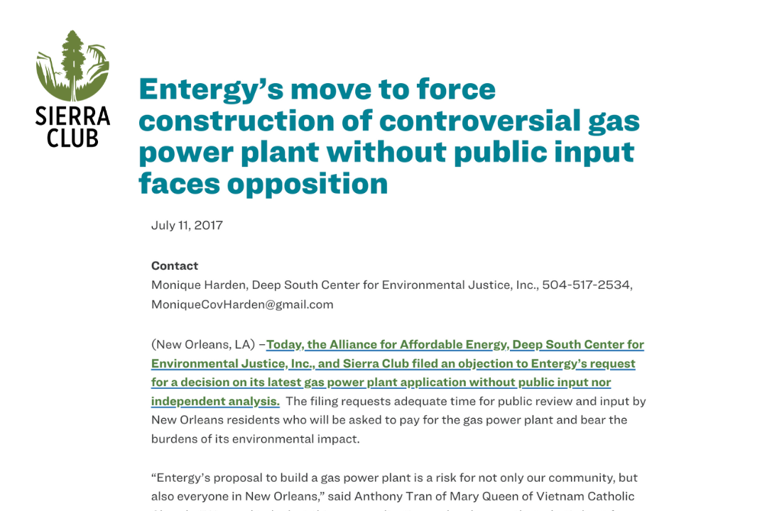 Sierra Club- Entergy’s Move To Force Construction Of Controversial Gas Power Plant Without Public Input Faces Opposition